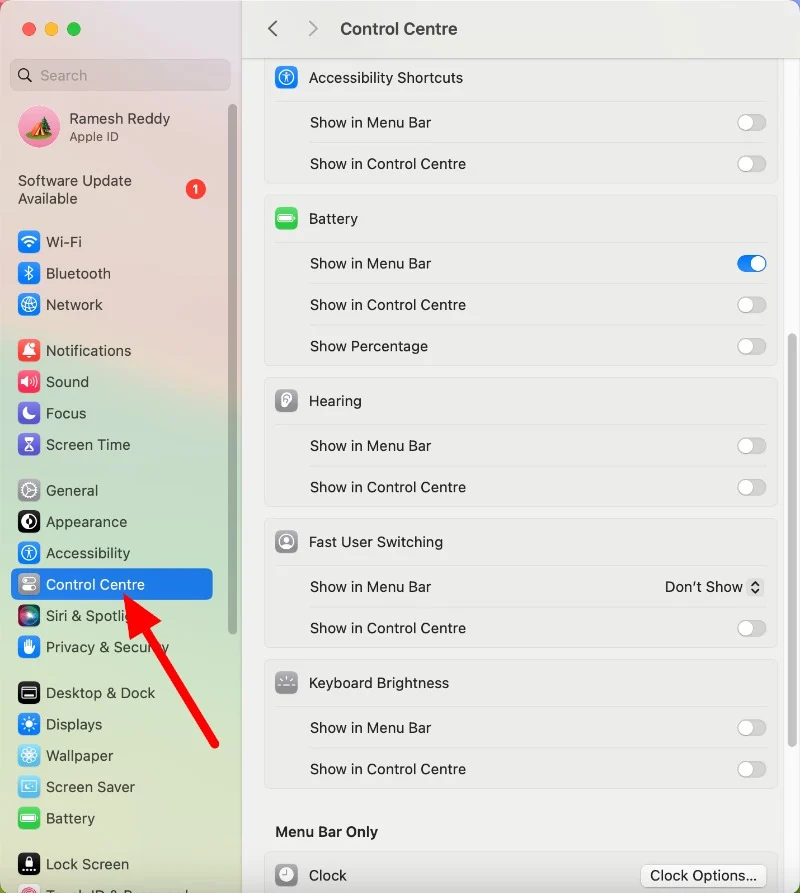 control center in the settings