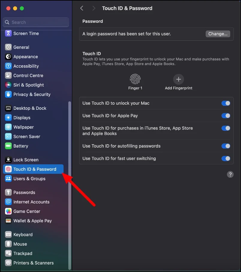 touch id and password in the settings