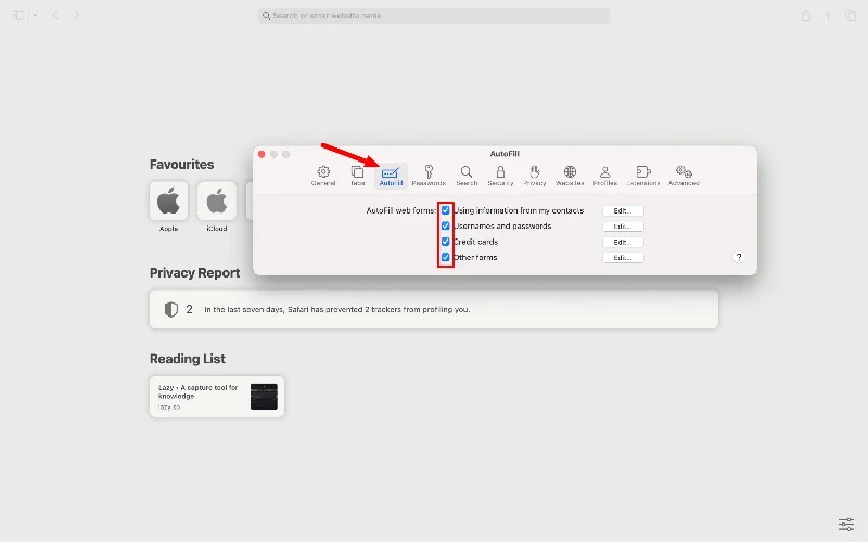 enable autofill passwords on safari