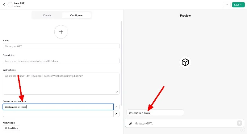 adding conversation starters in the custom chatgpt model