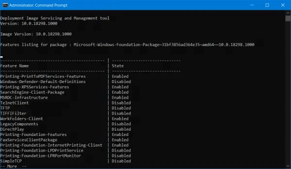 DISM online get-features format-table more