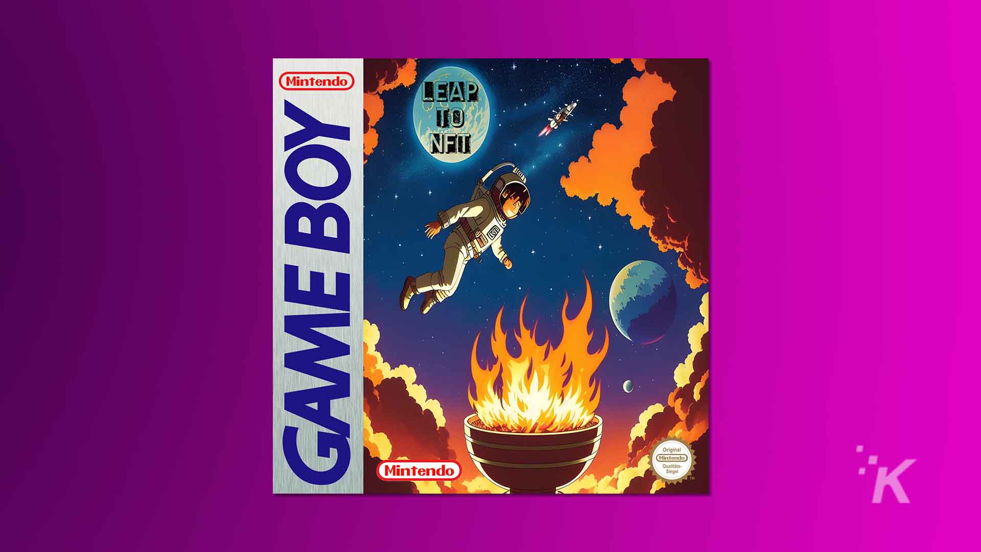 Astronauta unosi się w przestrzeni w pobliżu grilla z ognistymi płomieniami, pod pogrubionym tekstem „game boy” na żywym fioletowo-pomarańczowym tle.