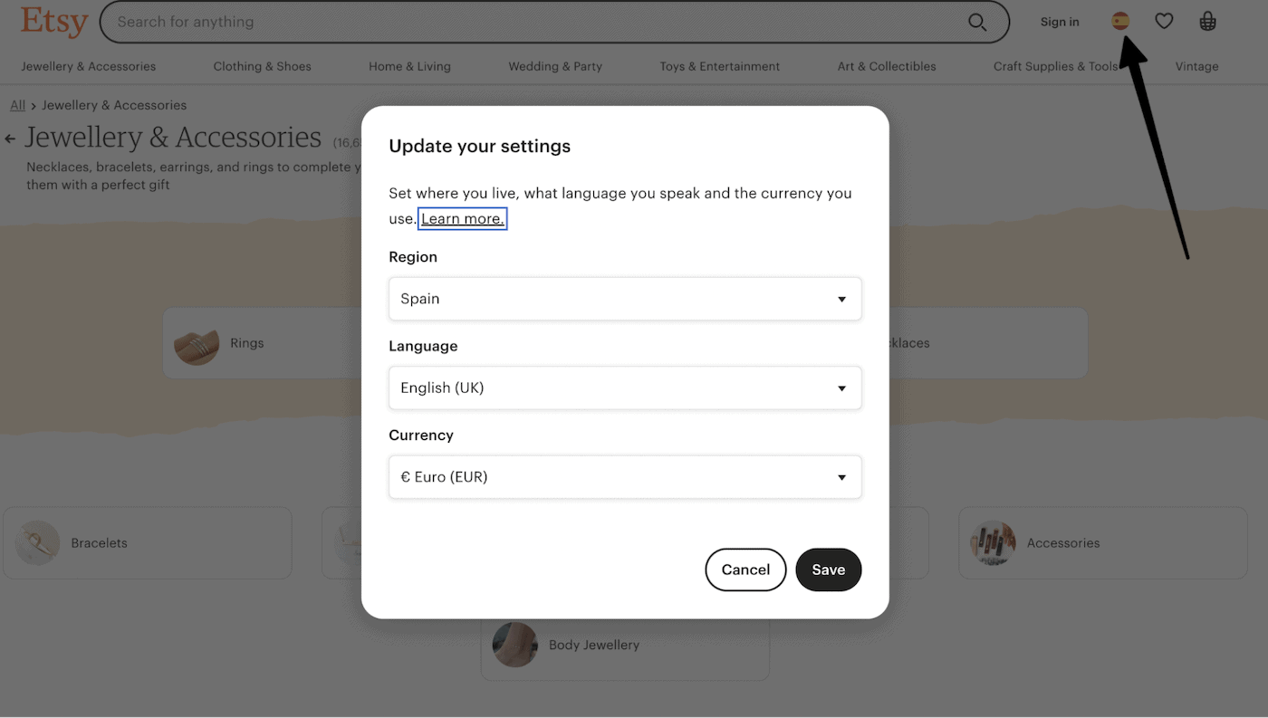 etsy cambiar región
