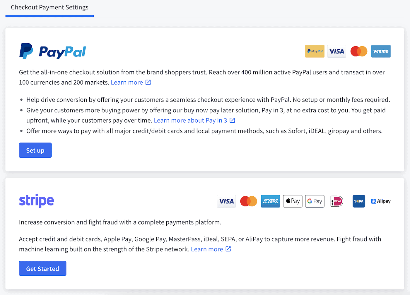 PayPal e Stripe são as opções de pagamento padrão no BigCommerce