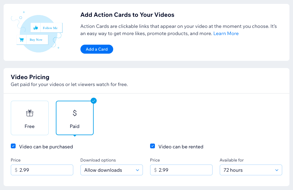 Options vidéo Wix comme les cartes d'action et les vidéos payantes