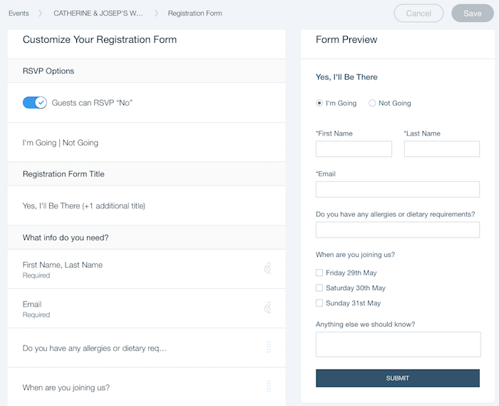 generatore di moduli eventi wix