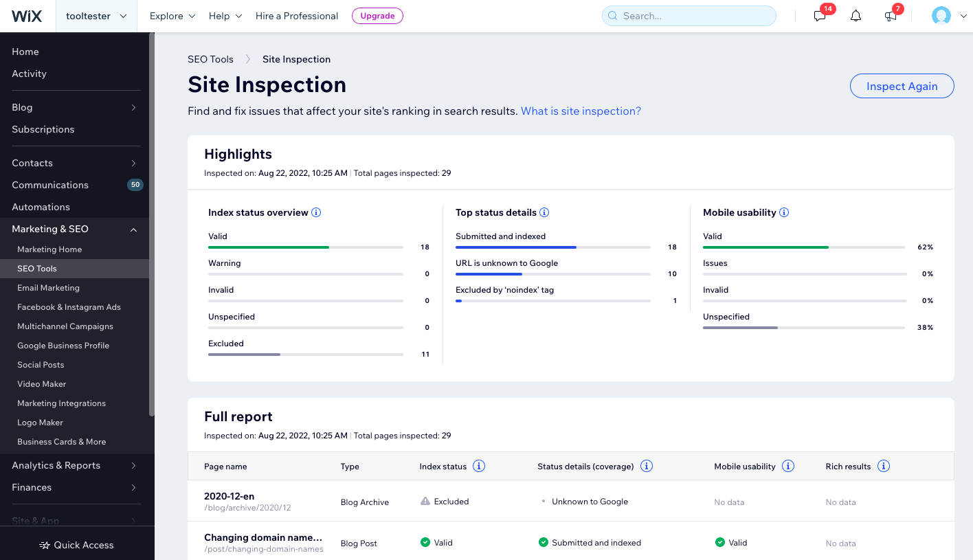 inspección del sitio wix