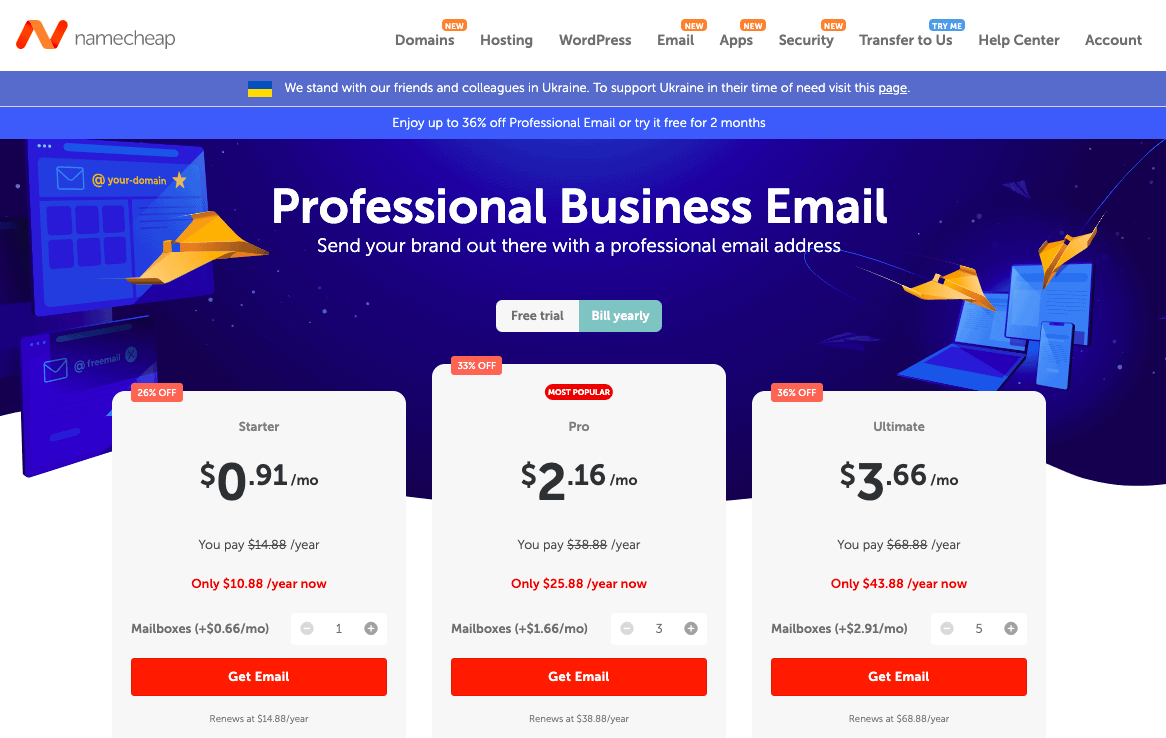 Precios de cuenta de correo electrónico de Namecheap