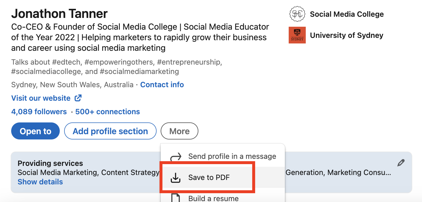 Zapisz profil LinkedIn w formacie PDF