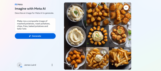 Captura de pantalla de Imagine with Meta AI platos de papa que incluyen papas fritas, tots y más