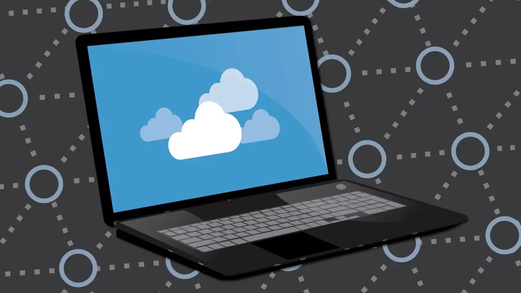 Laptop computer with clouds illustrations