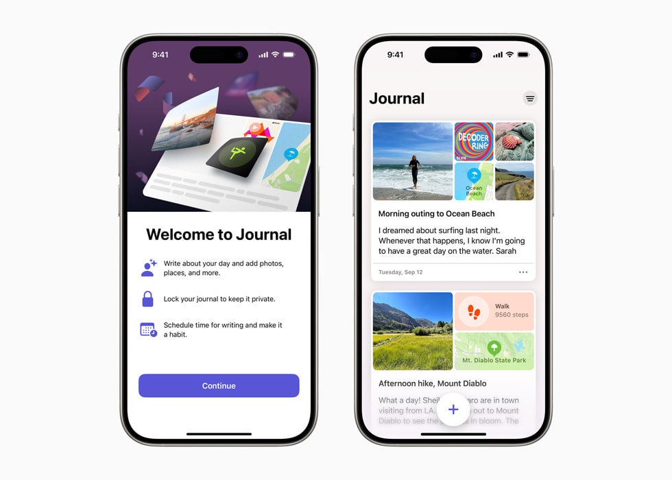 苹果新的 Journal 应用程序的官方媒体渲染图，作为 iOS 17.2 的新功能提供