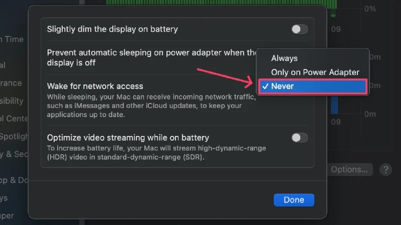 disable wake for network access