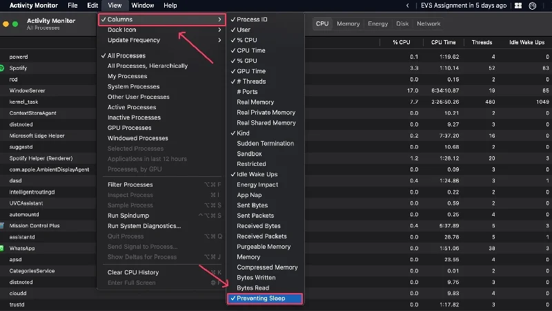 turn on column for apps preventing sleep