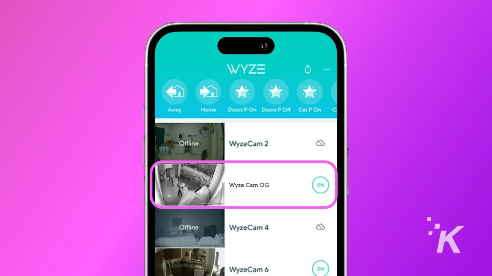 A smartphone screen displaying the wyze app interface with icons for various security settings and six camera feeds showing different views.