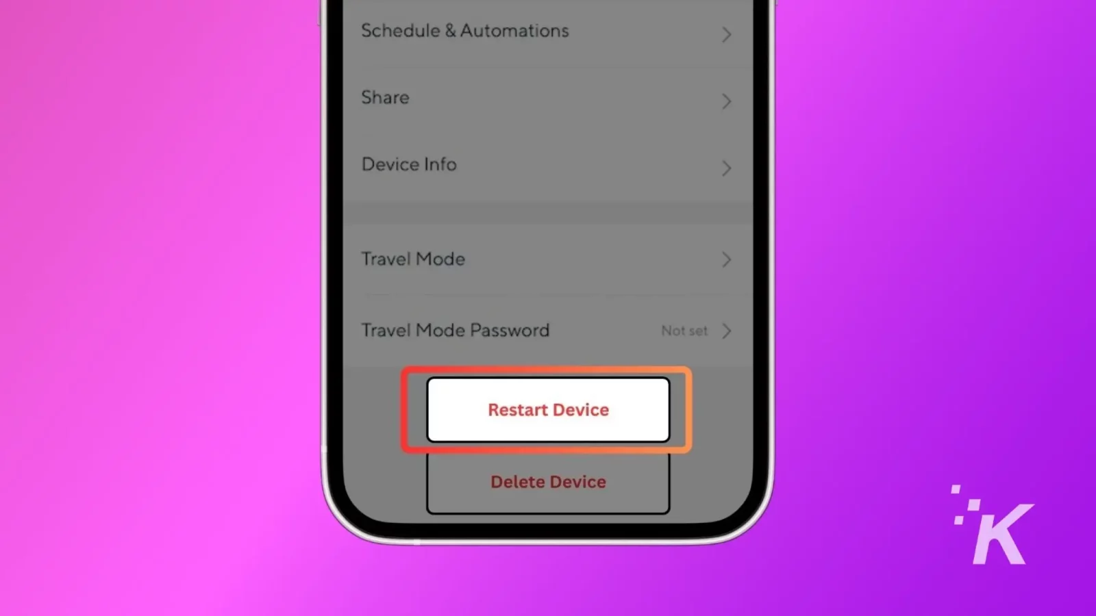 This image shows a smartphone interface with menu options such as schedule & automations, share, device info, and a highlighted 'restart device' button.