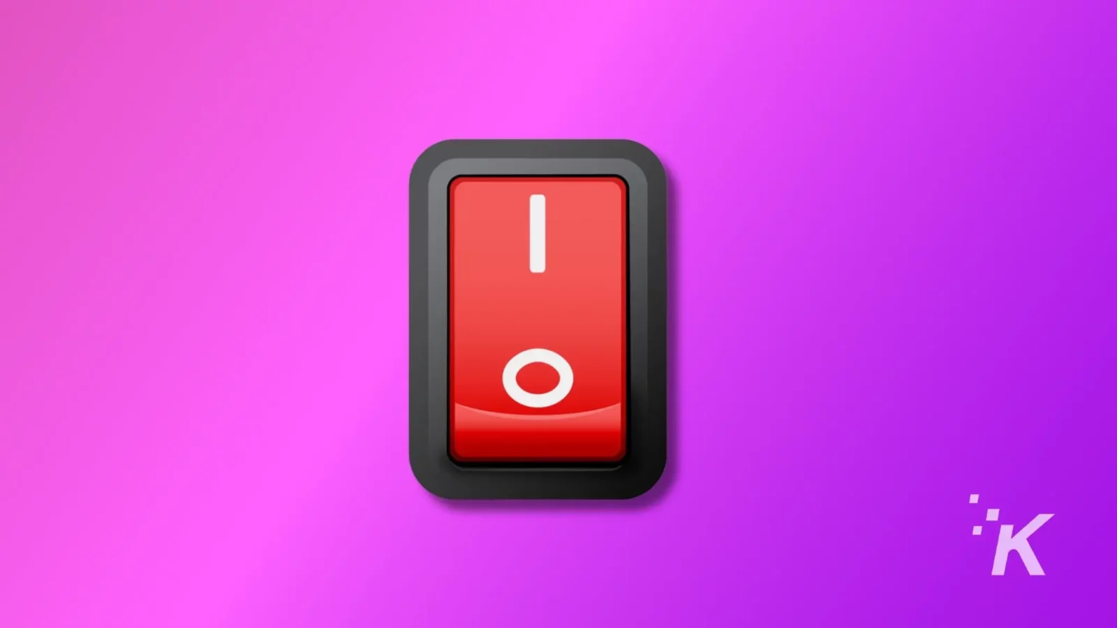 A 3d illustration of a red power button encased in a black rectangular frame against a gradient purple background, symbolizing turning on or off devices.