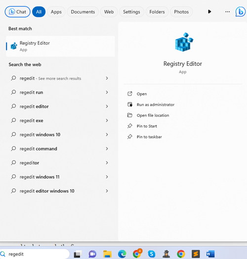 Search for regedit