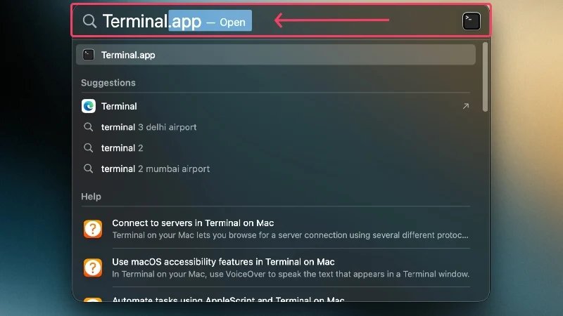 spotlight search to search for terminal