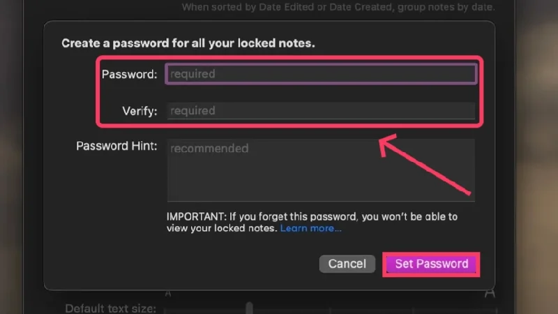 set new password for notes