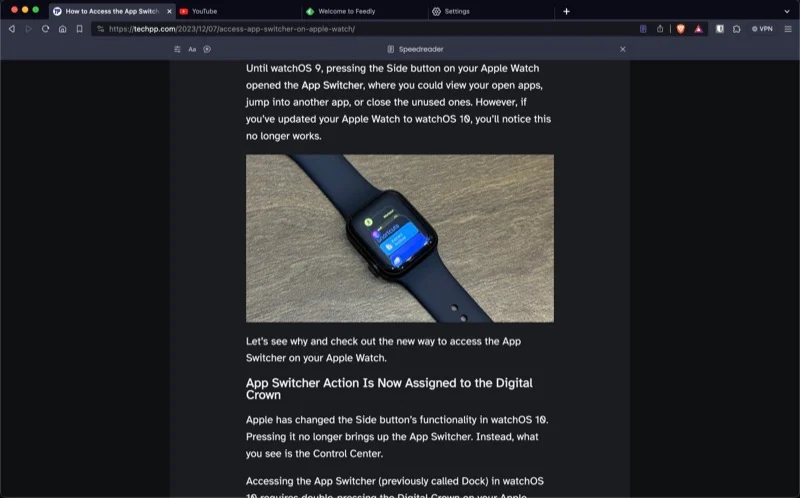 an article open in speedreader view in brave.