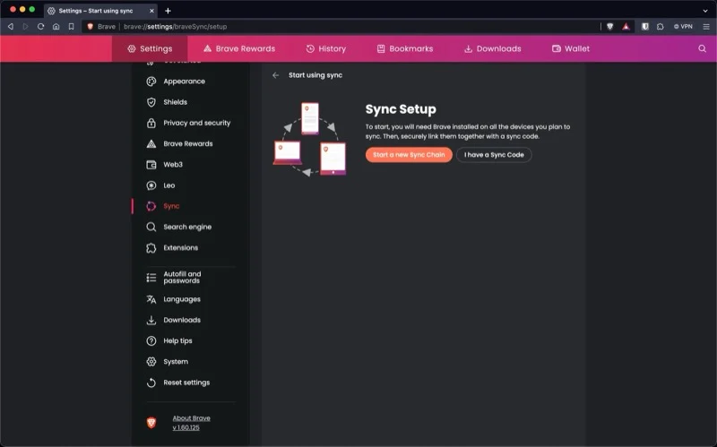 setting up the sync feature in brave browser.