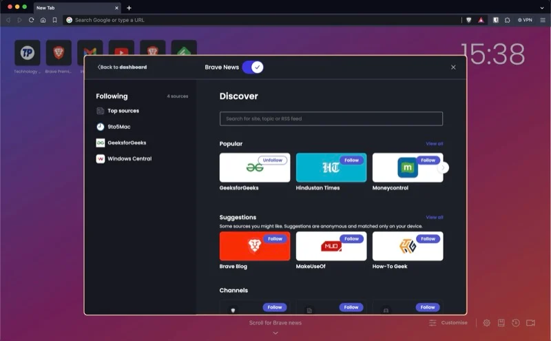 setting up brave news feed in brave.