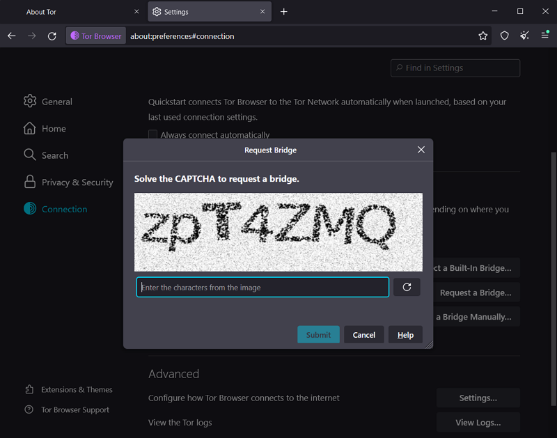 solve captcha to request a bridge on tor