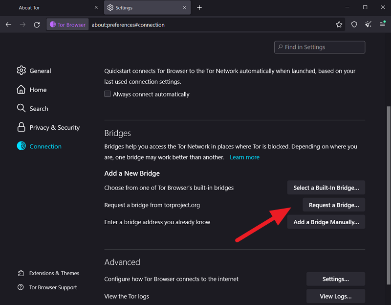 request a bridge on tor