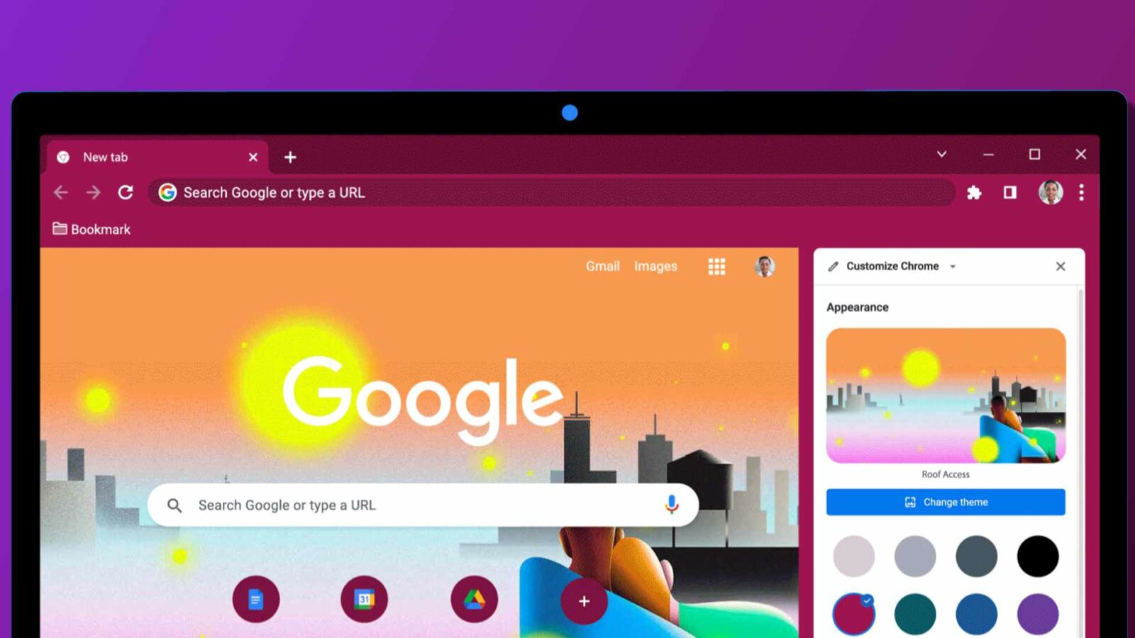 Una persona sta personalizzando l'aspetto del proprio browser Google Chrome selezionando un tema e aggiungendo Gmail e Google Immagini ai segnalibri. Testo completo: nuova scheda x + v - × g... Cerca su Google o digita un URL * aggiungi ai segnalibri le immagini Gmail personalizza Chrome × aspetto accesso al tetto di Google q cerca su Google o digita un URL [] cambia tema +