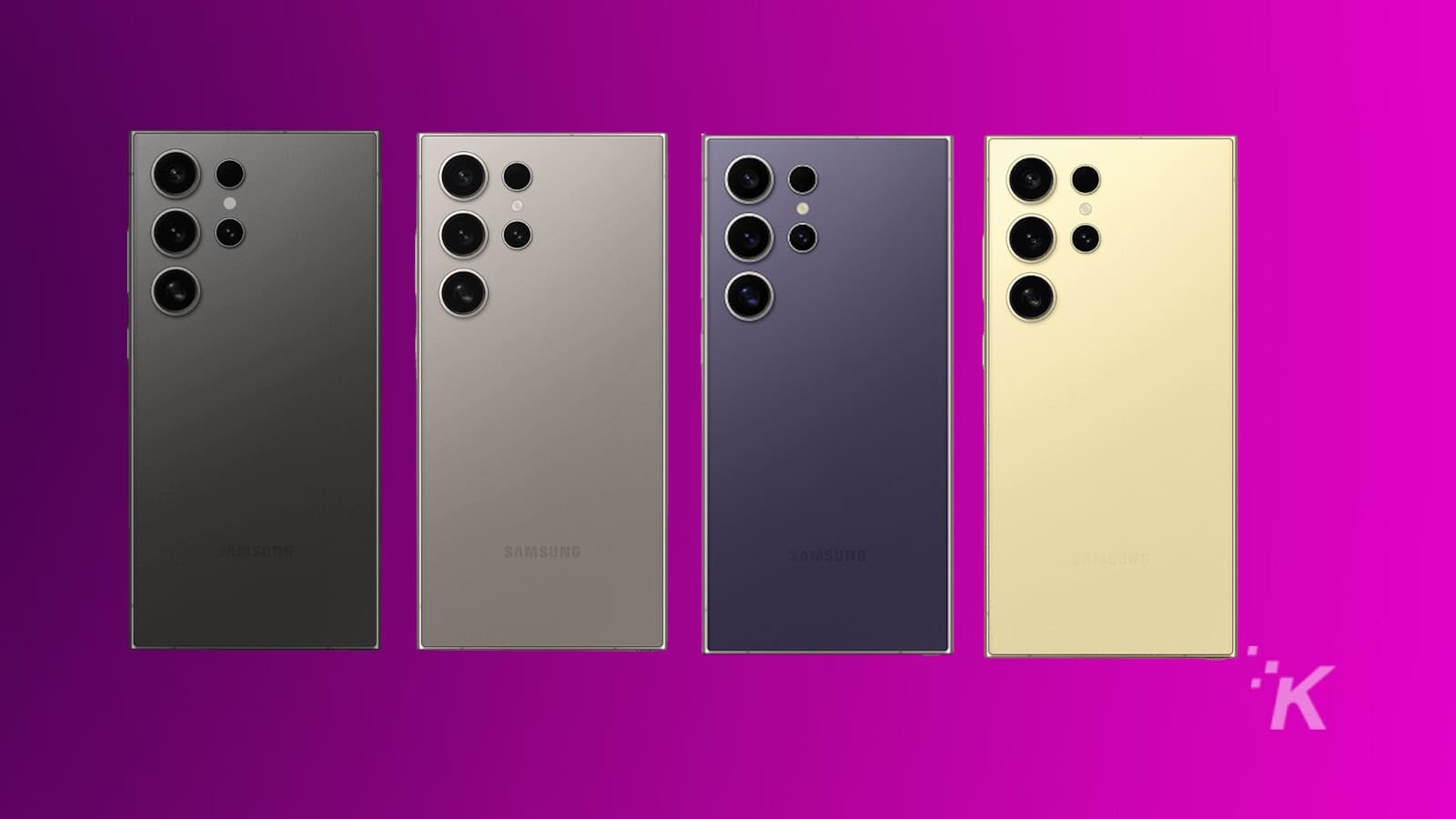 네 가지 색상의 Samsung Galaxy S24 Ultra