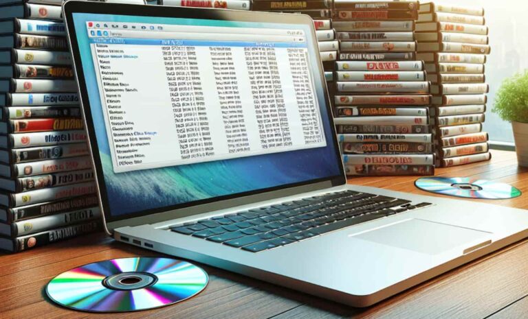Melhor imagem do DVD Ripper para uma postagem no blog intitulada Best DVD Ripper. Laptop fica na frente de uma pilha de DVDs