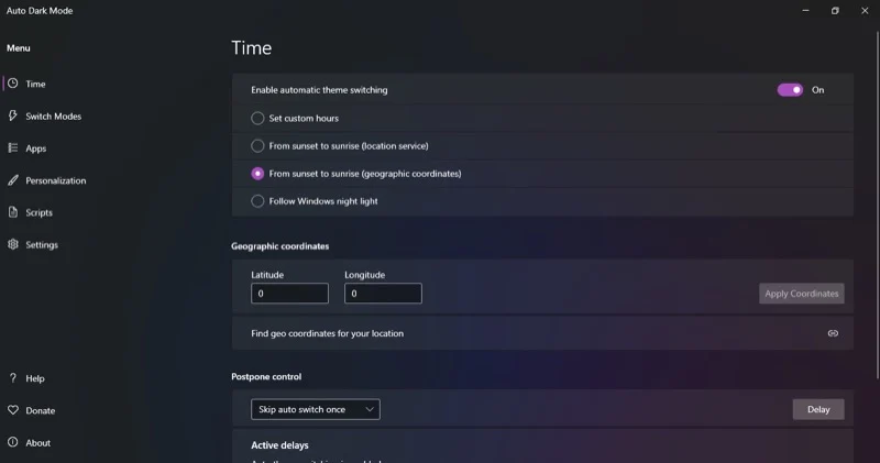 setting geographic coordinates for location in the auto dark mode app.