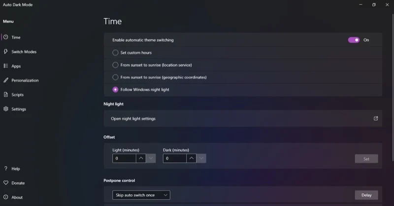 night light trigger for automatic theme switching in auto dark mode.