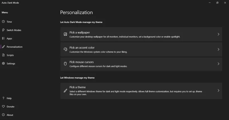 personalization options for automatic theme switching in auto dark mode.