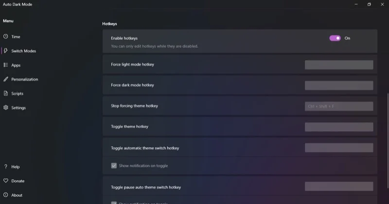 enabling and setting up hotkeys in the auto dark mode app.