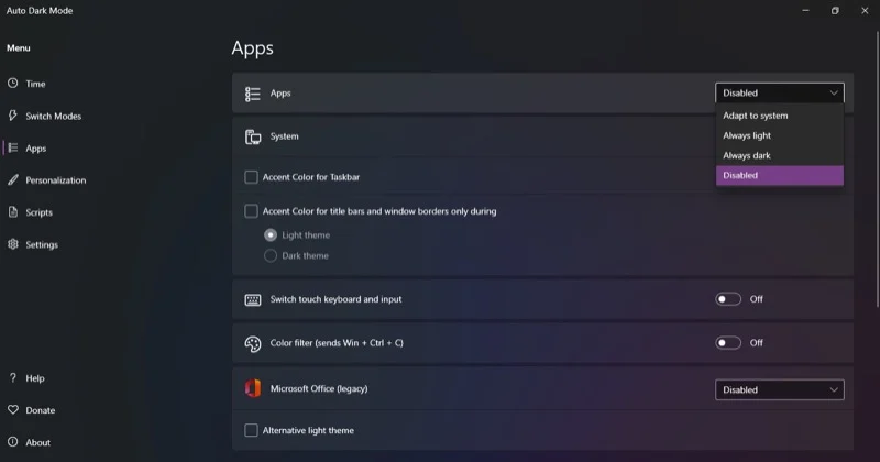 tweaking app preferences for automatic theme switching in auto dark mode.