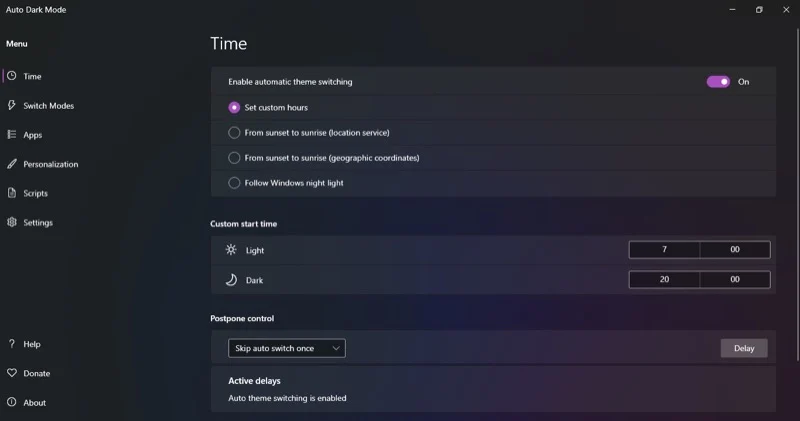 setting custom hours for light and dark modes in auto dark mode.