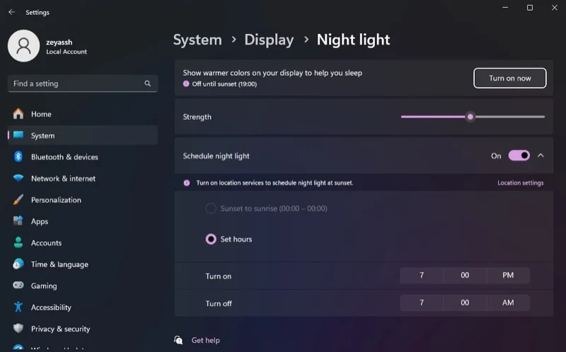 setting night light time and screen warmness level.