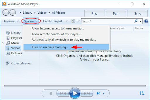 Turn on media streaming on Windows Media Player