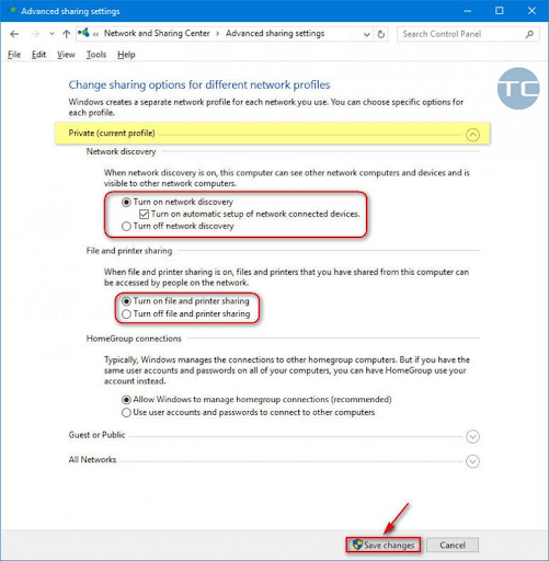 o Turn on network discovery and Turn on file and printer sharing