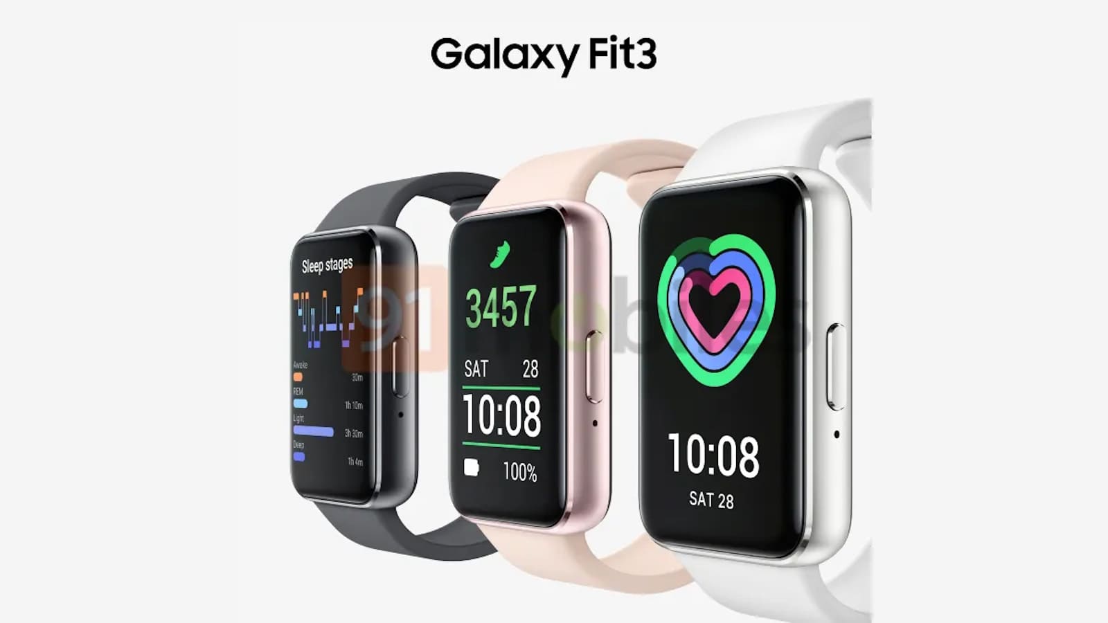 La imagen muestra tres relojes inteligentes Samsung Galaxy Fit 3 con diferentes funciones de visualización, como seguimiento del sueño, conteo de pasos y monitorización de la frecuencia cardíaca, en varios colores.