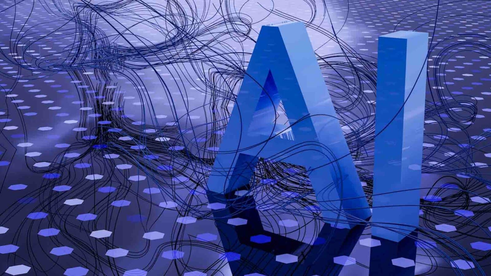 A imagem apresenta um grande e ousado "ai" em azul contra um fundo digital abstrato de linhas pretas giratórias e formas azuis flutuantes em uma tela escura.