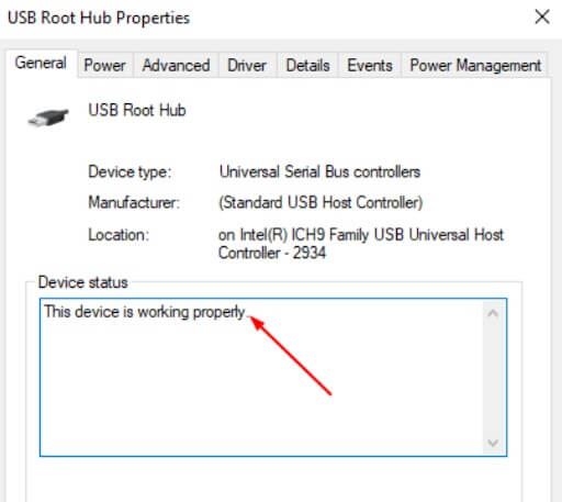 Proprietățile hub-ului rădăcină USB (acest dispozitiv funcționează corect)