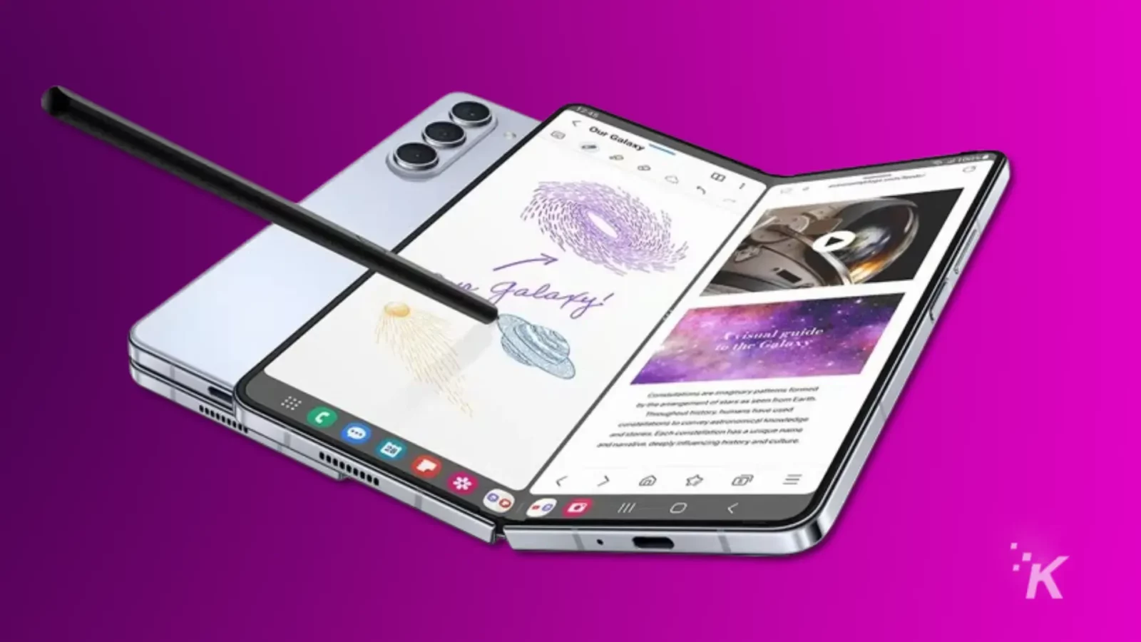 Render of the samsung galaxy z fold 5 and s pen stylus on a purple background