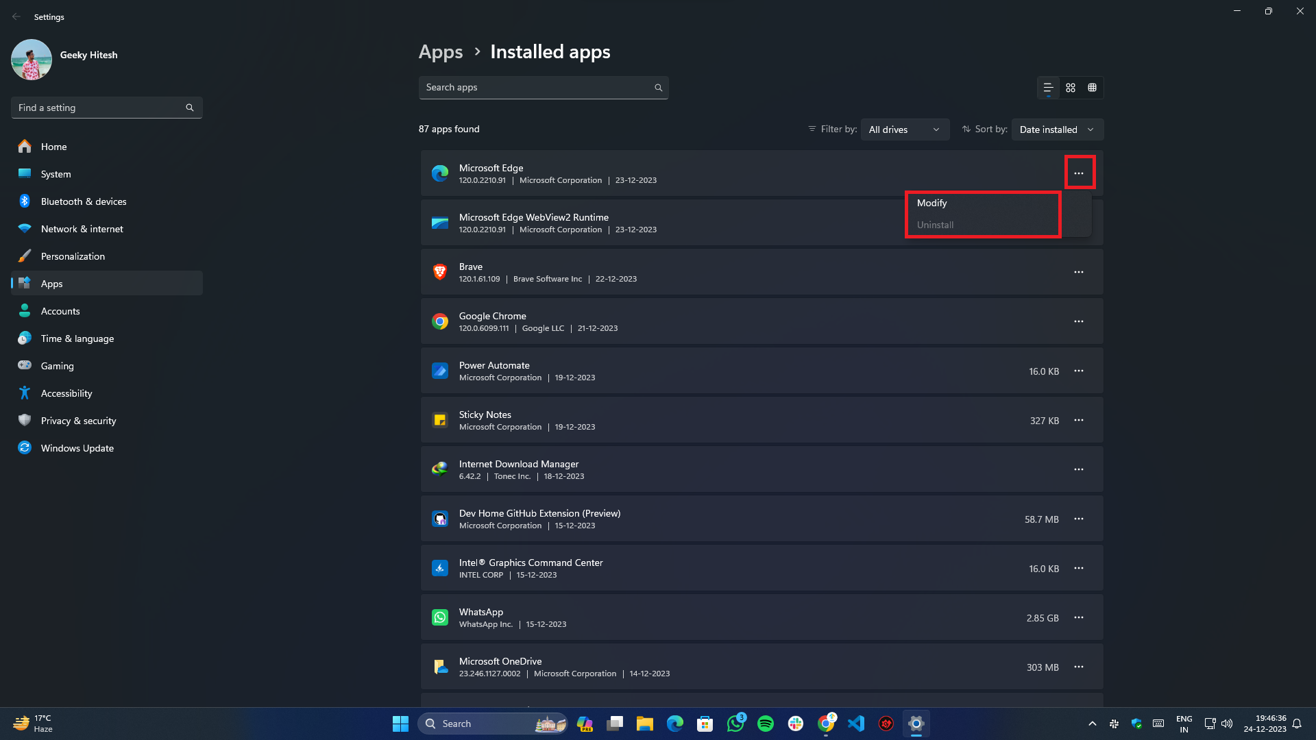 fix clock watchdog timeout on windows- installed apps modify/remove options