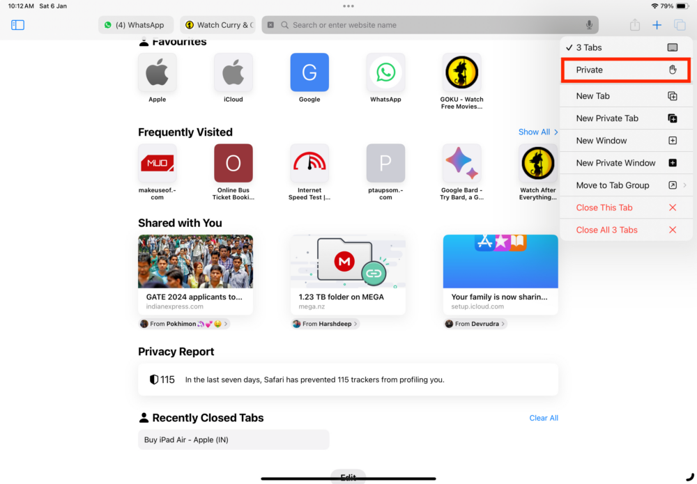 opening new private tab in safari