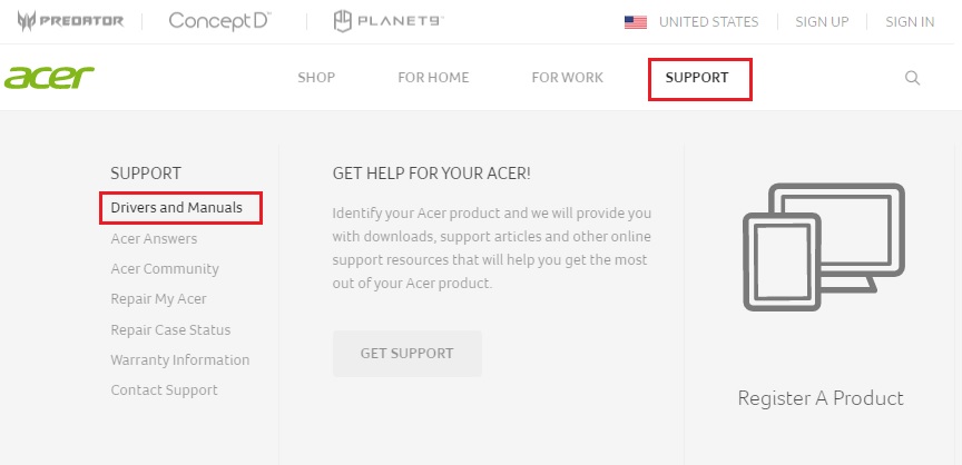 Click on Drivers and Manuals menu from Support Menu of Acer Site