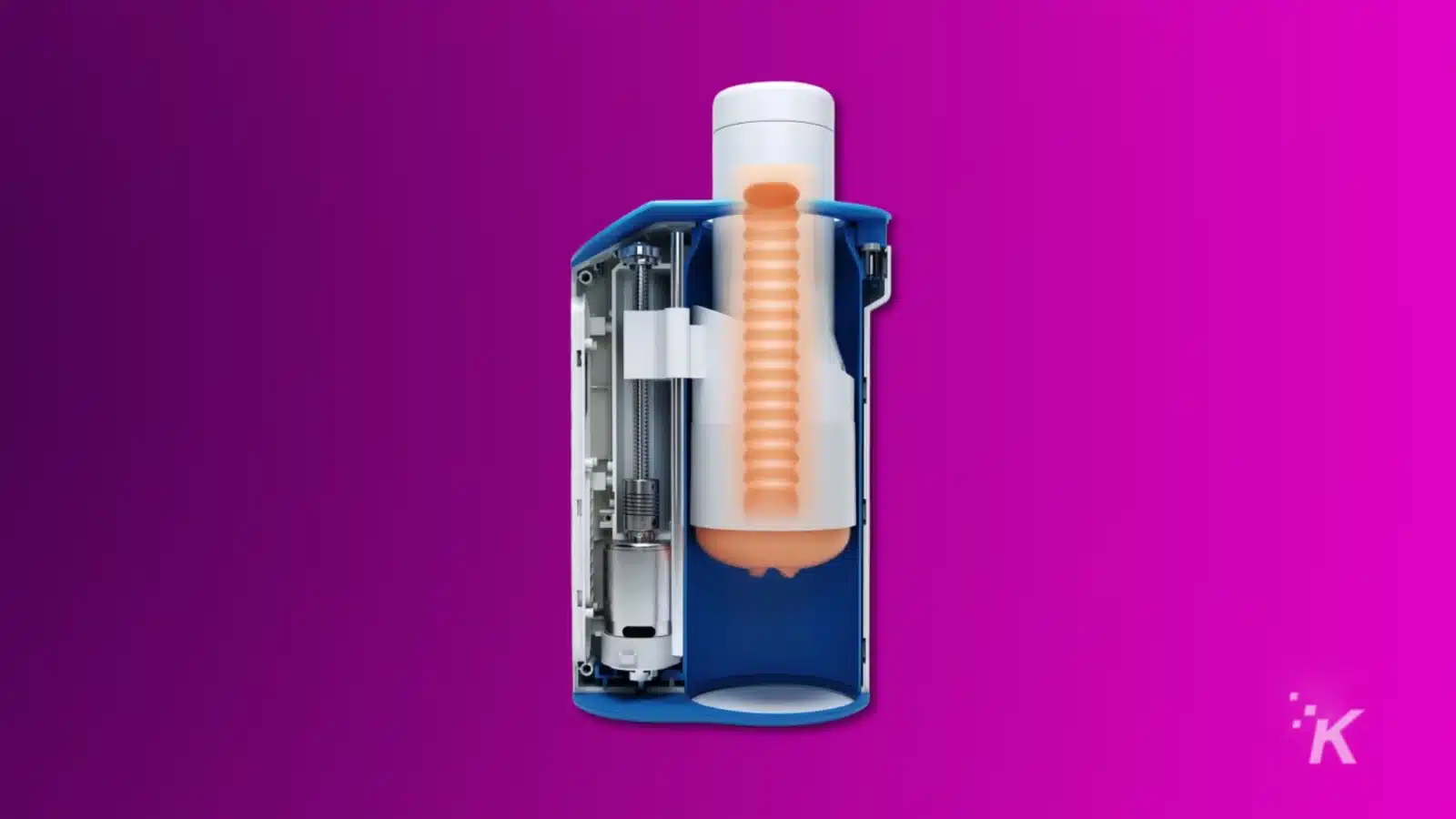 Render showing the internal mechanism of the autoblow ai ultra self-pleasure device on a purple background