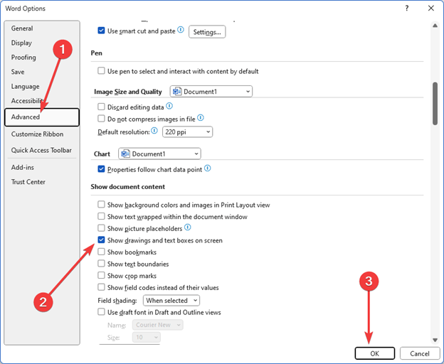 MS word select file and then option then adcaned